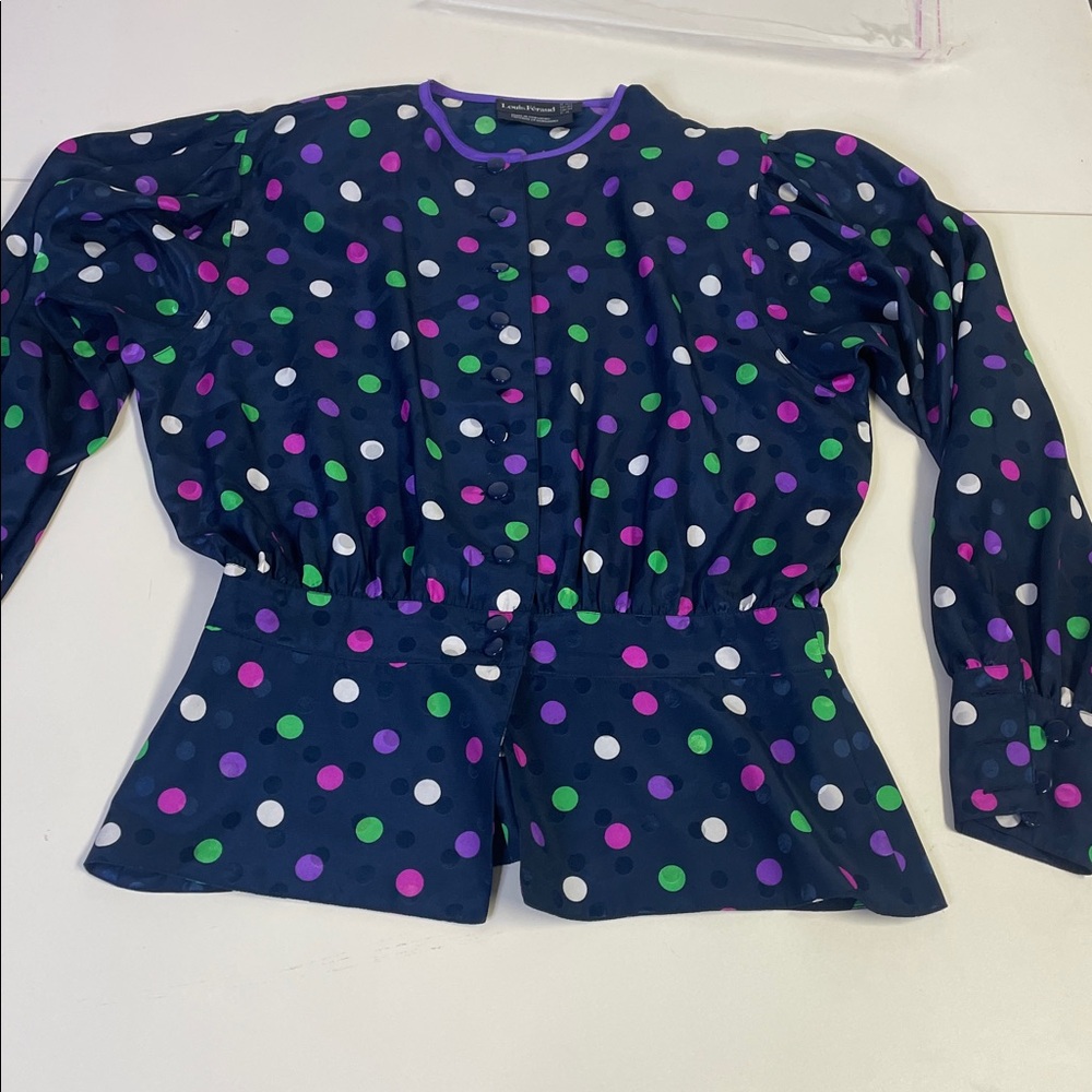 Louis Feraud Navy Pink Green Polka Dot Blouse - Sz M - Picture 9 of 9